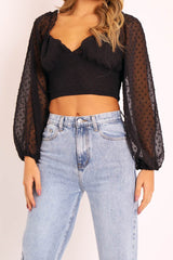 Black Swiss Dot Frill Trim Crop Top - Mena-Crop Tops