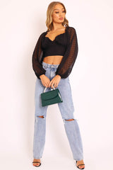 Black Swiss Dot Frill Trim Crop Top - Mena-Crop Tops