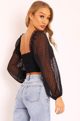 Black Swiss Dot Frill Trim Crop Top - Mena-Crop Tops