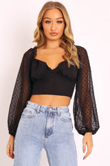 Black Swiss Dot Frill Trim Crop Top - Mena-Crop Tops
