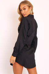 Black Tailored Waist Long Sleeve Shirt Dress - Laritza-Dresses