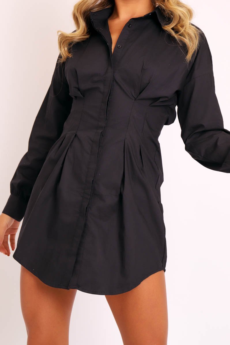 Black Tailored Waist Long Sleeve Shirt Dress - Laritza-Dresses