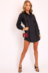 Black Tailored Waist Long Sleeve Shirt Dress - Laritza-Dresses