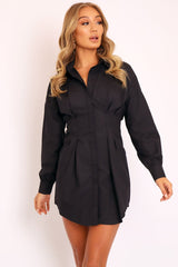 Black Tailored Waist Long Sleeve Shirt Dress - Laritza-Dresses