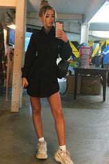 Black Tailored Waist Long Sleeve Shirt Dress - Laritza-Dresses