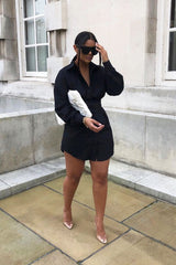 Black Tailored Waist Long Sleeve Shirt Dress - Laritza-Dresses