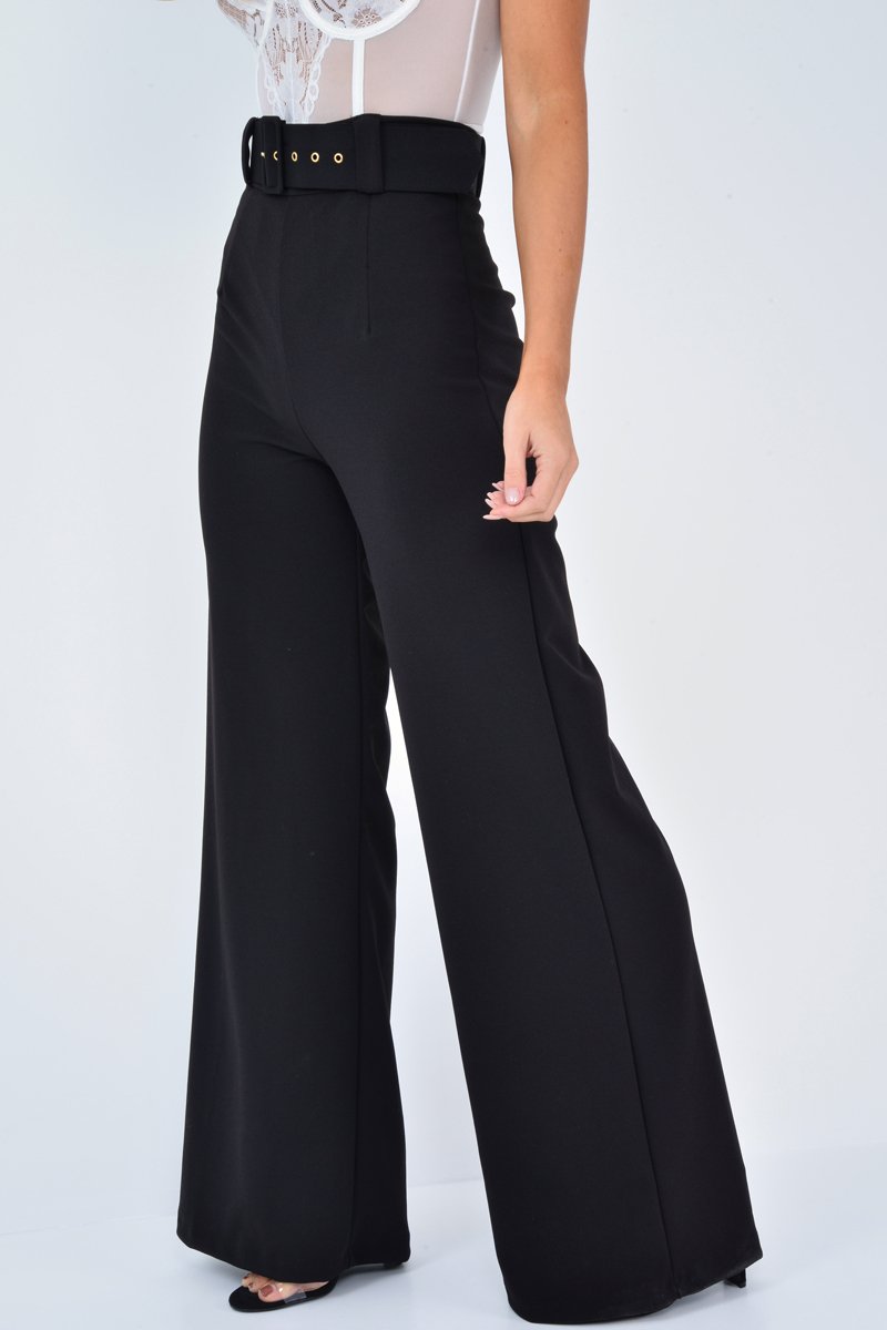 Black Tailored Wide Leg Belted Trousers - Chenelle-Trousers