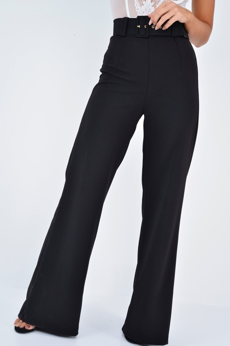 Black Tailored Wide Leg Belted Trousers - Chenelle-Trousers