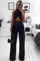 Black Tailored Wide Leg Belted Trousers - Chenelle-Trousers
