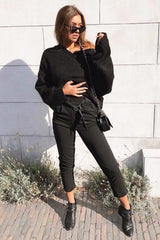 Black Tapered Belted Cigarette Trousers - Myasia-Trousers