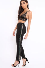 Black Tapered Trousers with Khaki and Gold Sequin Side Stripes - Halli-Trousers
