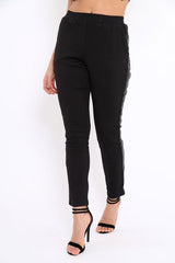 Black Tapered Trousers with Khaki and Gold Sequin Side Stripes - Halli-Trousers