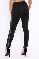 Black Tapered Trousers with Khaki and Gold Sequin Side Stripes - Halli-Trousers