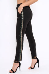 Black Tapered Trousers with Khaki and Gold Sequin Side Stripes - Halli-Trousers