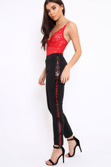 Black Tapered Trousers with Red and Black Sequin Side Stripes - Halli-Trousers