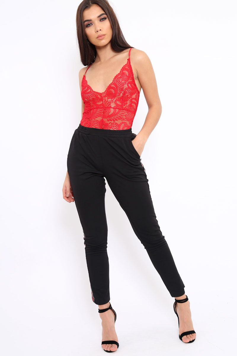 Black Tapered Trousers with Red and Black Sequin Side Stripes - Halli-Trousers