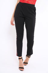Black Tapered Trousers with Red and Black Sequin Side Stripes - Halli-Trousers