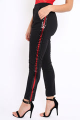 Black Tapered Trousers with Red and Black Sequin Side Stripes - Halli-Trousers