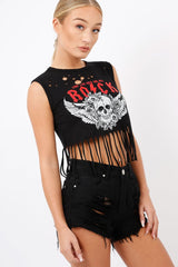 Black Tassel Cropped Distressed Rock Tee - Celia-Crop Tops