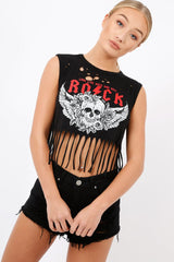 Black Tassel Cropped Distressed Rock Tee - Celia-Crop Tops