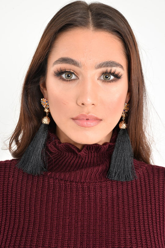 Black Tassel Diamante Detail Drop Earrings - Zyonna