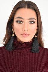 Black Tassel Diamante Detail Drop Earrings - Zyonna-Jewellery