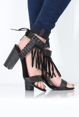 Black Tassel Open Toe Block Heel - Misha-Heels