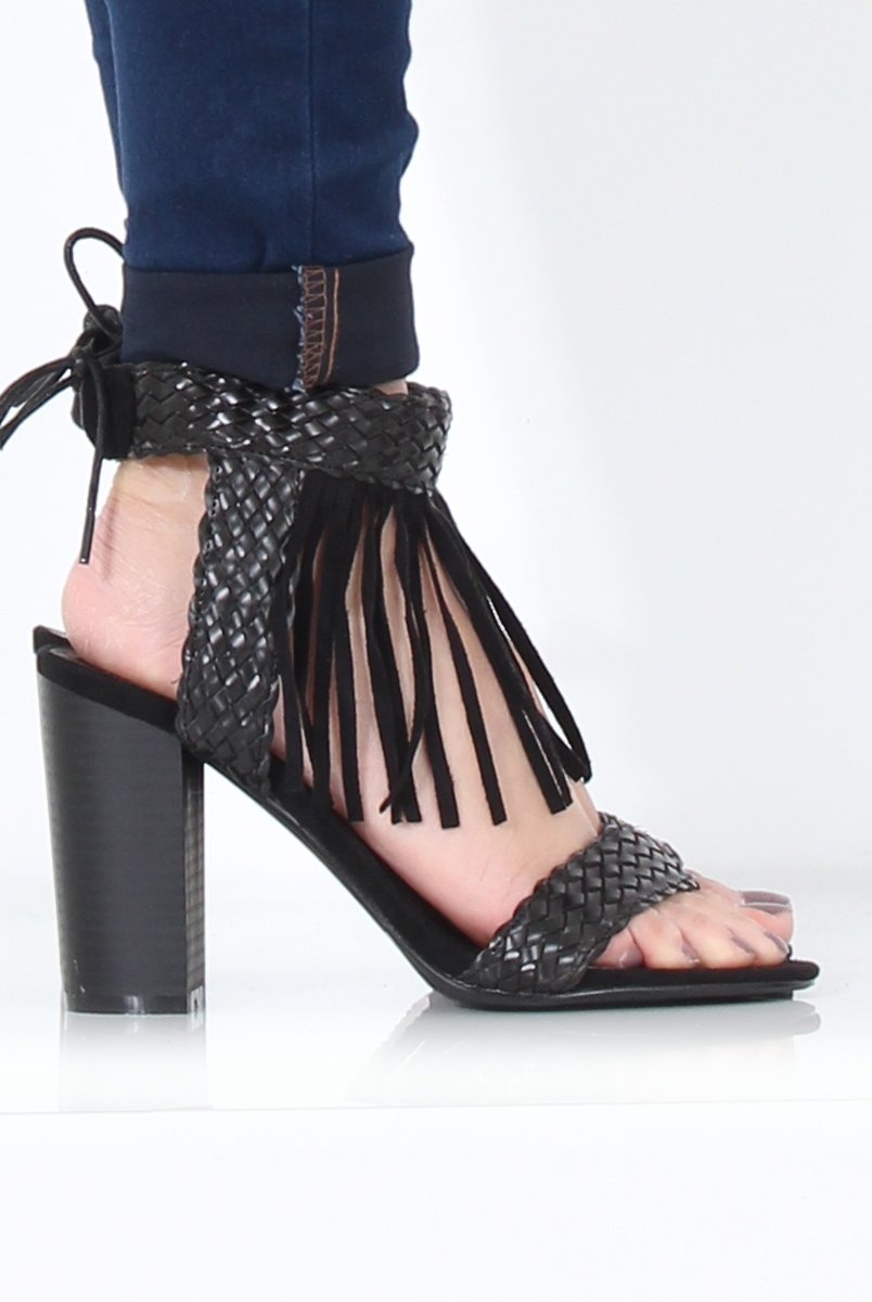Black Tassel Open Toe Block Heel - Misha-Heels