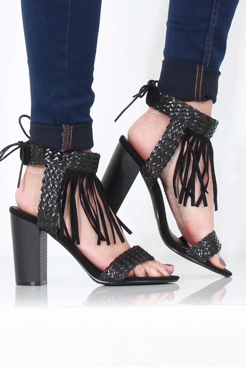 Black Tassel Open Toe Block Heel - Misha-Heels