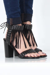Black Tassel Open Toe Block Heel - Misha-Heels