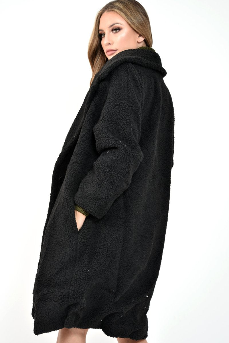 Black Teddy Long Double Breasted Coat - Miriam-Coats