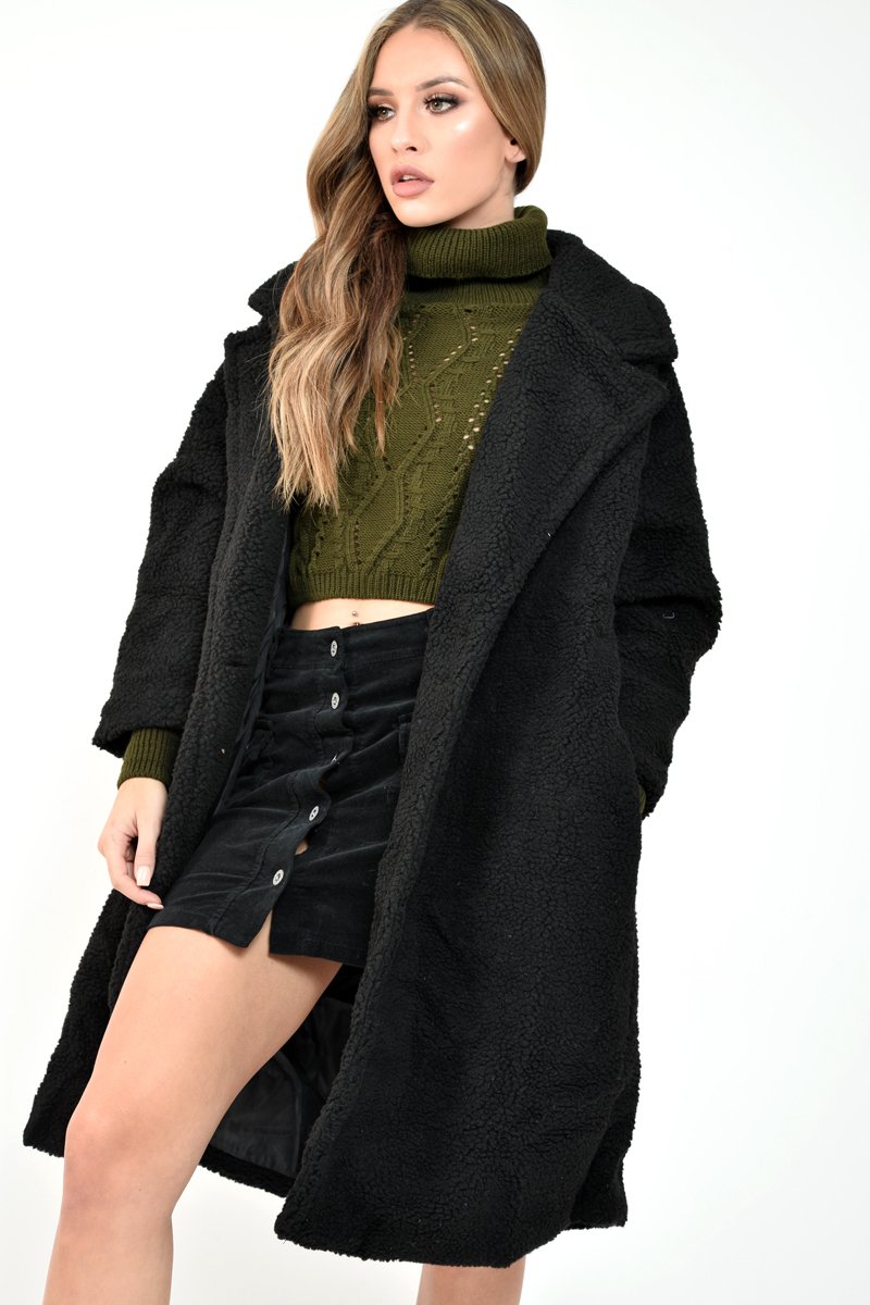 Black Teddy Long Double Breasted Coat - Miriam-Coats