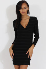Black Textured V Neck Bodycon Dress - Salome-Dresses