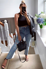 Black Thick Rib Halter Neck Crop Top - Aariella-Crop Tops