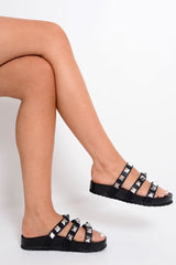 Black Three Strap Studded Sliders - Queena-Sliders