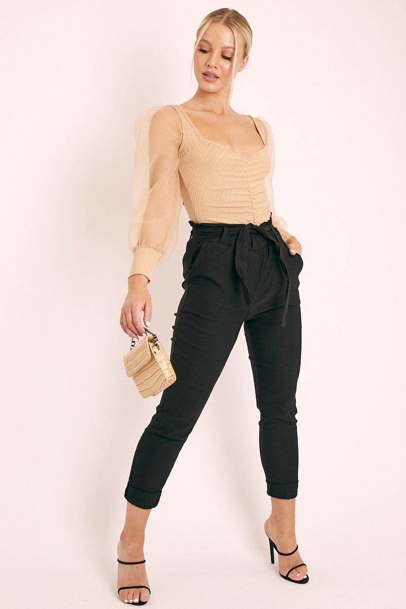 Black Tie Belt Paperbag Waist Trousers - Jaylea-Trousers