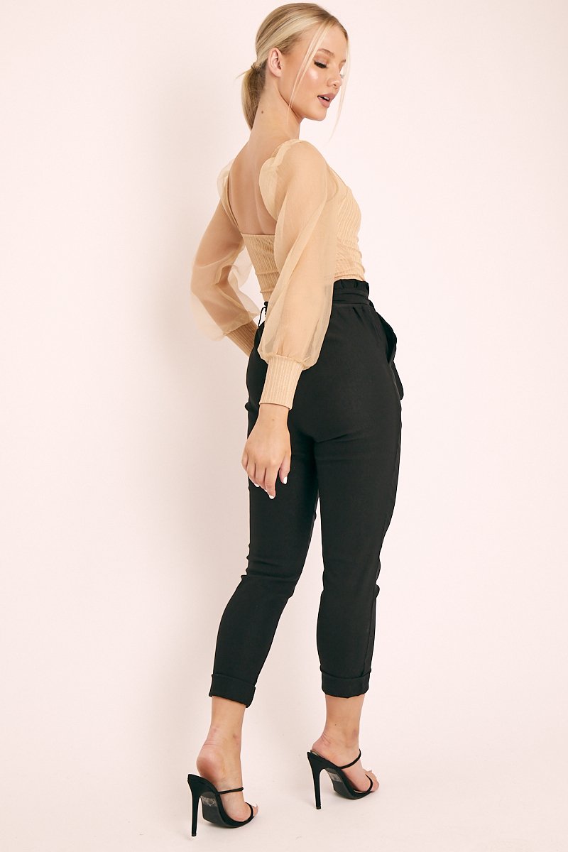 Black Tie Belt Paperbag Waist Trousers - Jaylea-Trousers