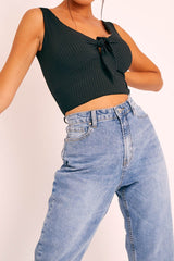 Black Tie Bow Ribbed Crop Top - Naziah-Tops