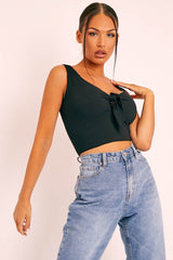 Black Tie Bow Ribbed Crop Top - Naziah-Tops