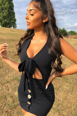 Black Tie Button Front Bodycon Dress - Aaira-Dresses