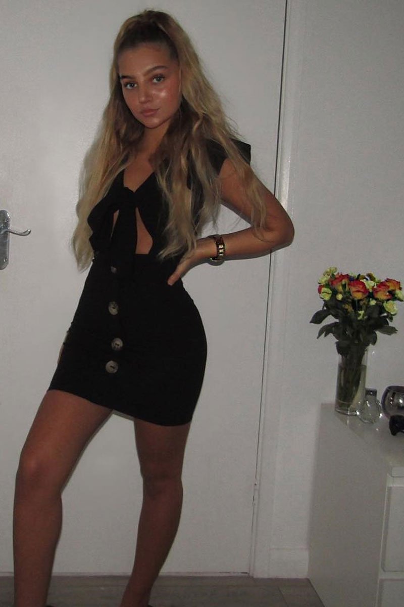 Black Tie Button Front Bodycon Dress - Aaira-Dresses