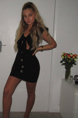 Black Tie Button Front Bodycon Dress - Aaira-Dresses