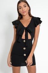Black Tie Button Front Bodycon Dress - Aaira-Dresses