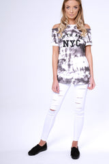 Black Tie Dye Cold Shoulder Slogan Top - Zeyna-Tops