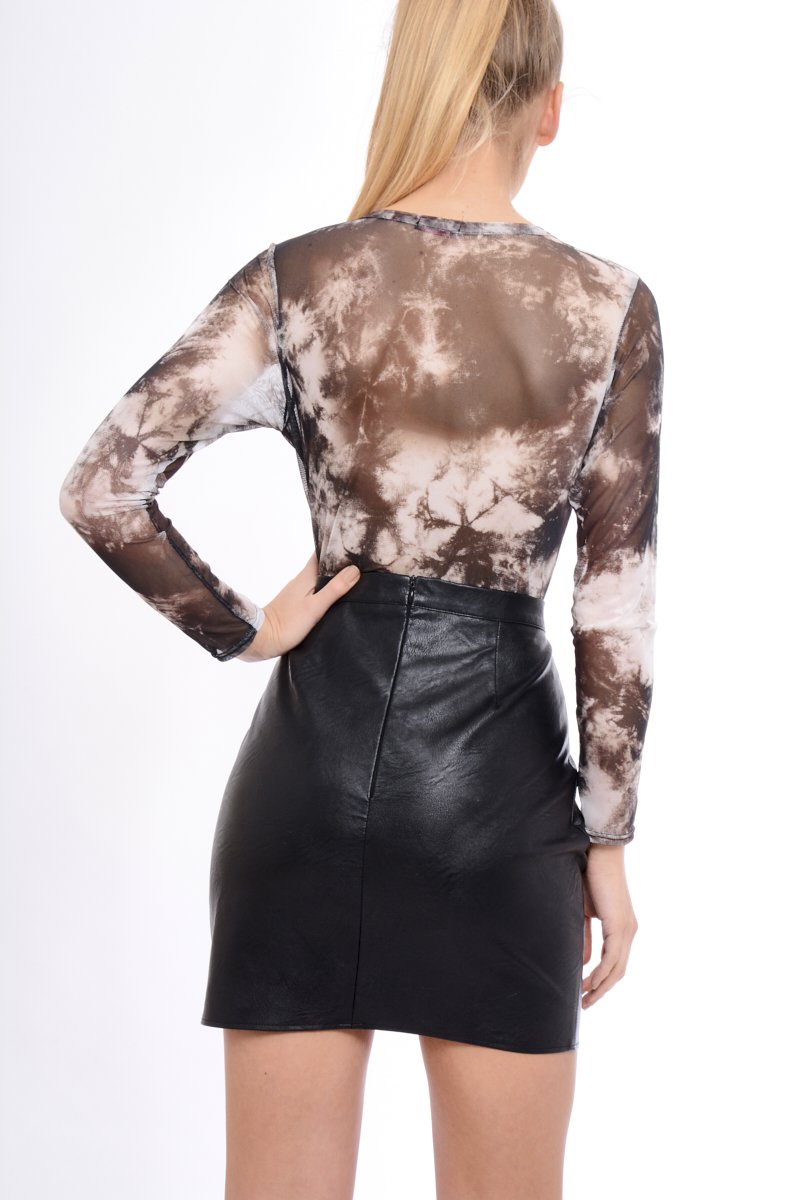 Black Tie Dye Mesh Lace Up Bodysuit - Luella-Bodysuits