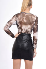 Black Tie Dye Mesh Lace Up Bodysuit - Luella-Bodysuits