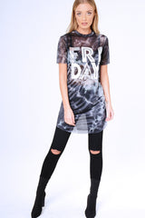 Black Tie Dye Sheer Mesh 'Friday' Slogan T-Shirt Dress - Flynn-Dresses