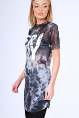 Black Tie Dye Sheer Mesh 'Friday' Slogan T-Shirt Dress - Flynn-Dresses