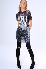 Black Tie Dye Sheer Mesh 'Friday' Slogan T-Shirt Dress - Flynn-Dresses
