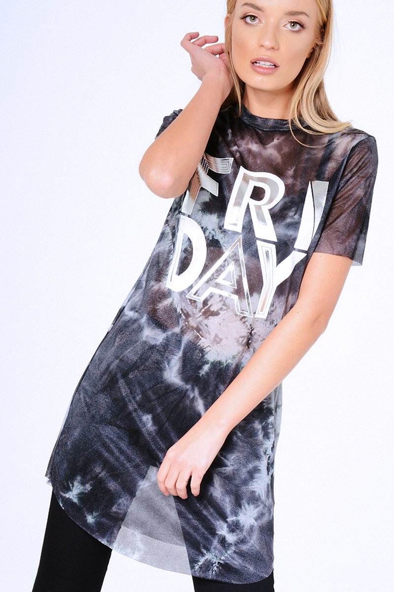 Black Tie Dye Sheer Mesh 'Friday' Slogan T-Shirt Dress Black Tie Dye Sheer Mesh 'Friday' Slogan T-Shirt Dress